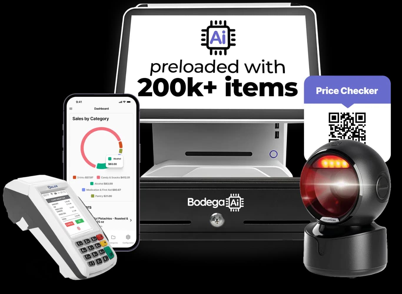 Bodega Ai POS hardware: terminal, scanner, mobile app, and payment devices