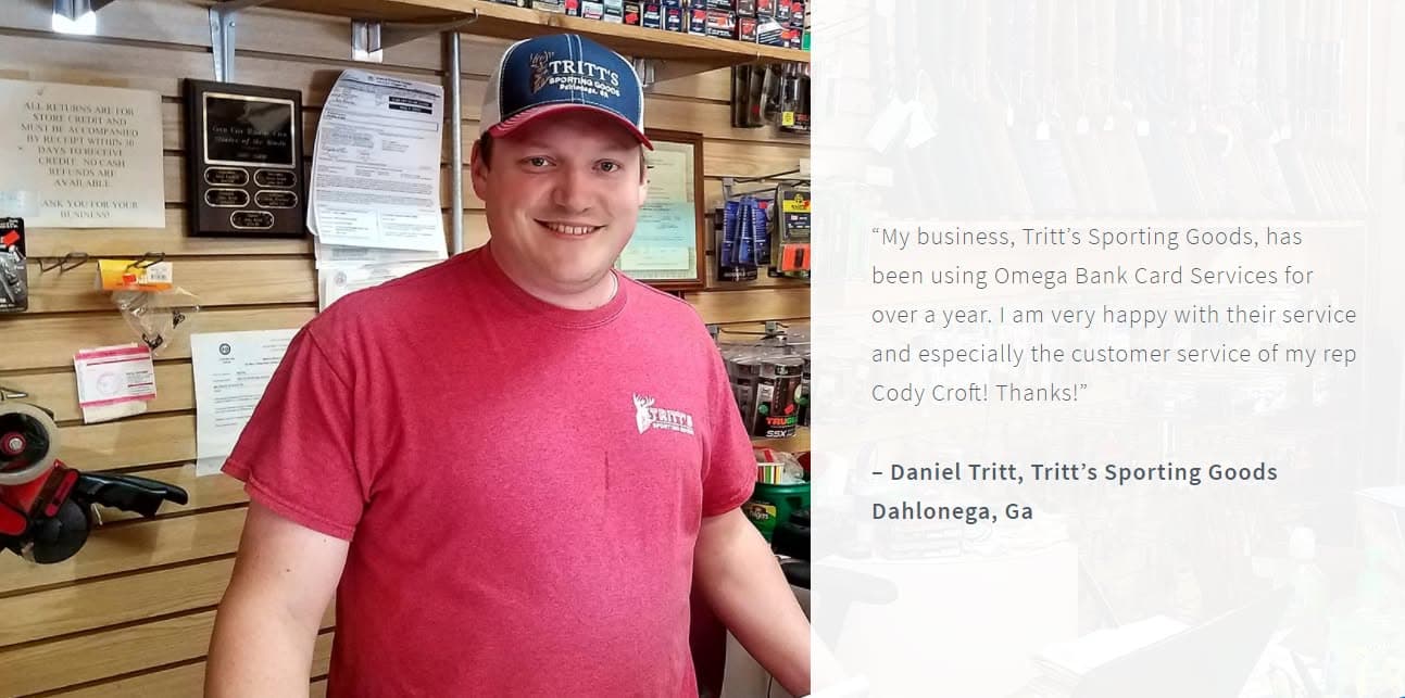 Tritt's Sporting Goods merchant image with side testimonial panel