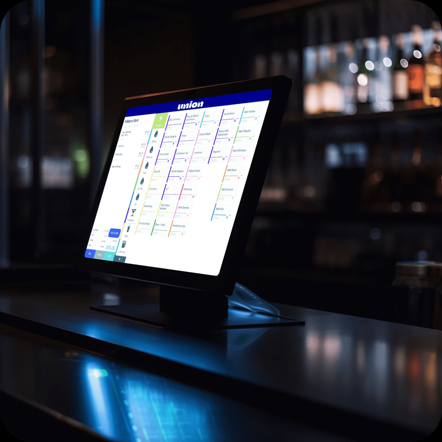 Union POS terminal on a bar with menu tiles visible
