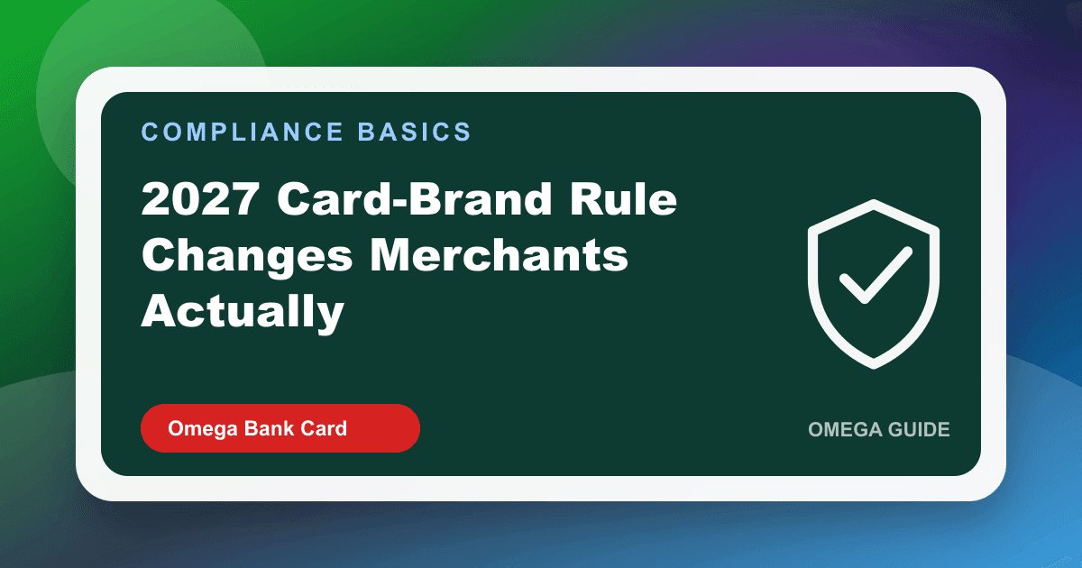 Merchant and processor reviewing a 2027 card-brand compliance notice against POS settings and statement line items
