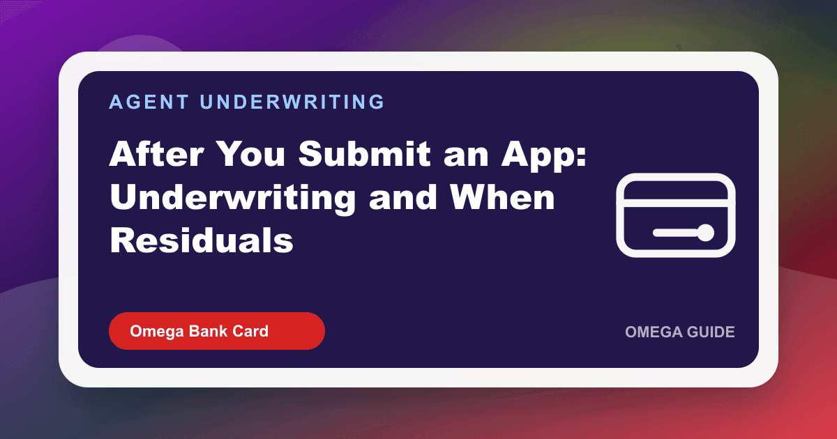 Agent tracking a merchant application through underwriting, equipment ship, and first residual month