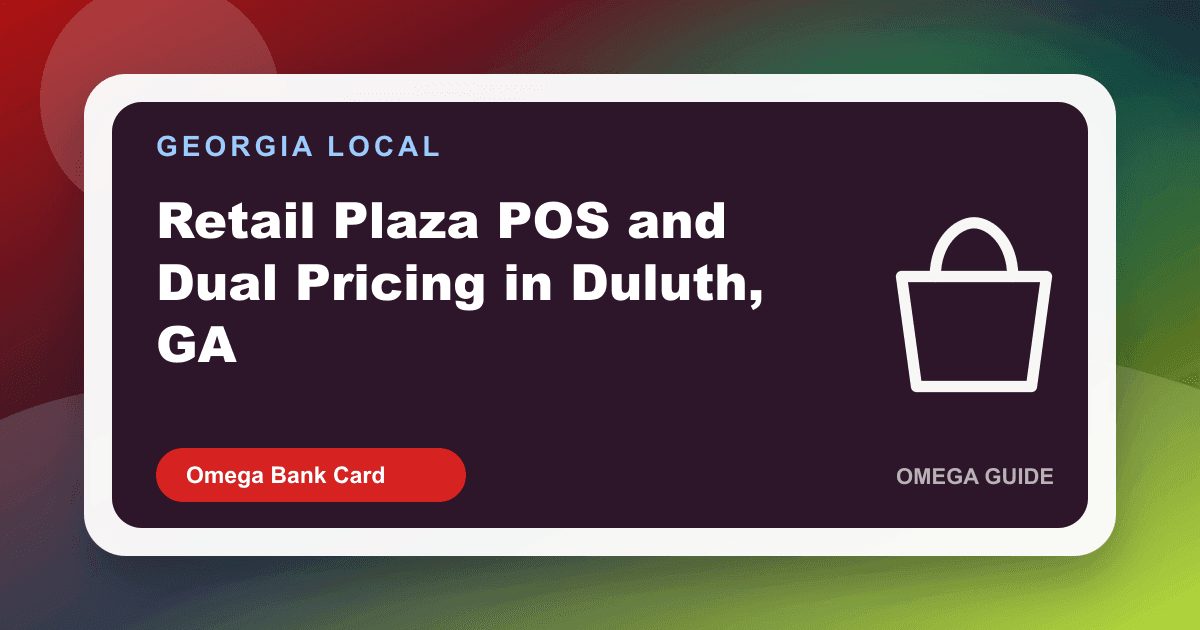 Duluth Georgia retail plaza checkout with dual-price signage and modern POS on a busy Saturday