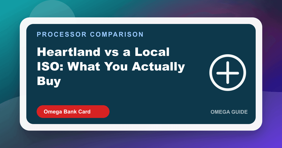 Merchant comparing a national processor brand on a terminal to local ISO support and a statement review