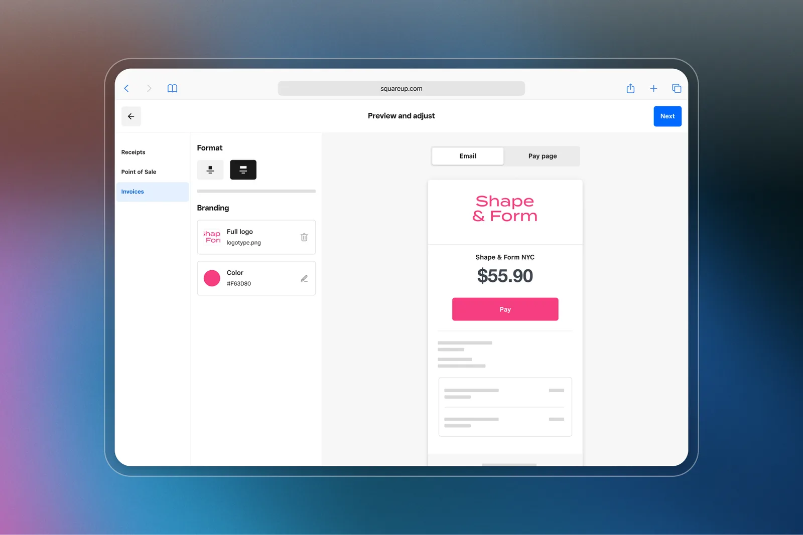 Square invoice branding preview with logo and Pay button
