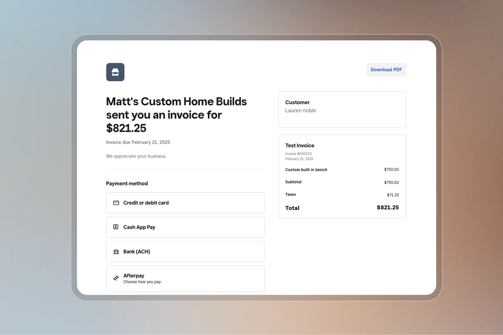 Customer-facing Square invoice with card, Cash App Pay, ACH, and Afterpay