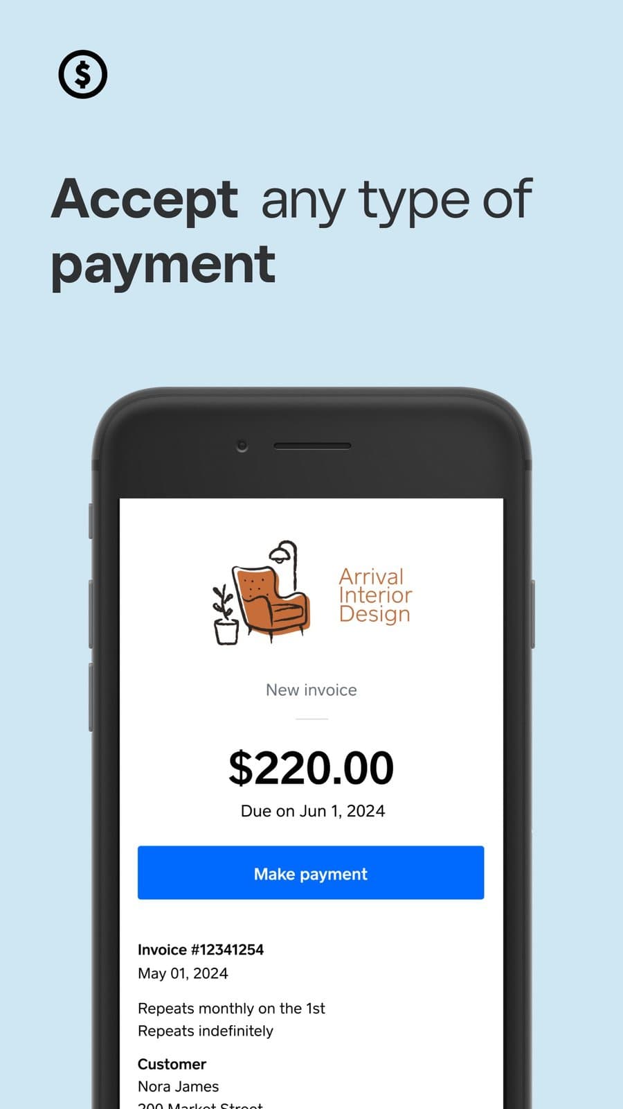 Mobile invoice pay screen