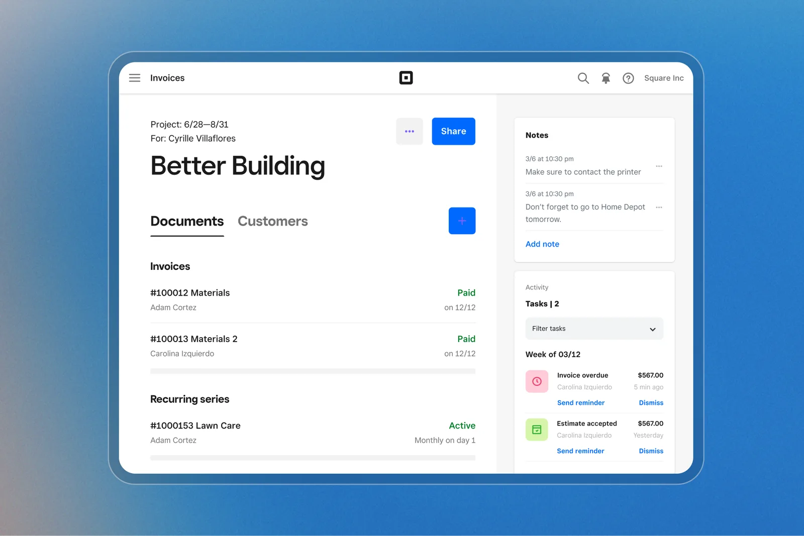 Square Invoices project documents and recurring series