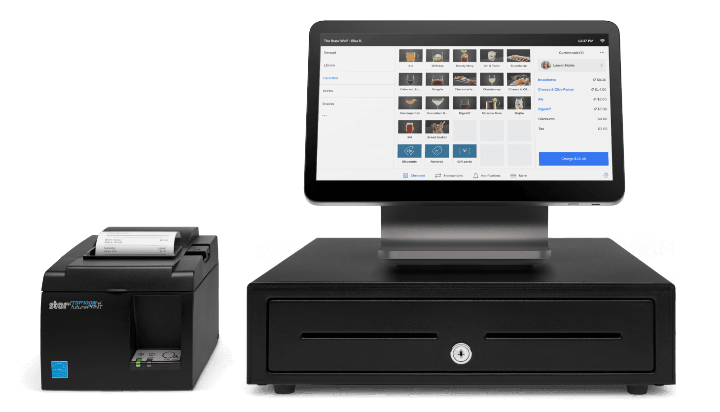 Square Register with cash drawer and receipt printer showing an itemized sale