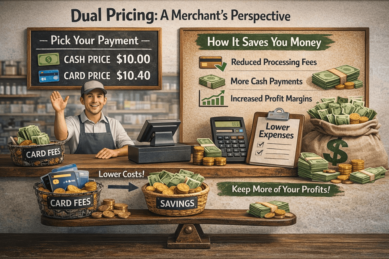 Infographic: Dual Pricing, A Merchant's Perspective. Posted cash price and card price at checkout, lower processing costs, more cash payments, and stronger margins.