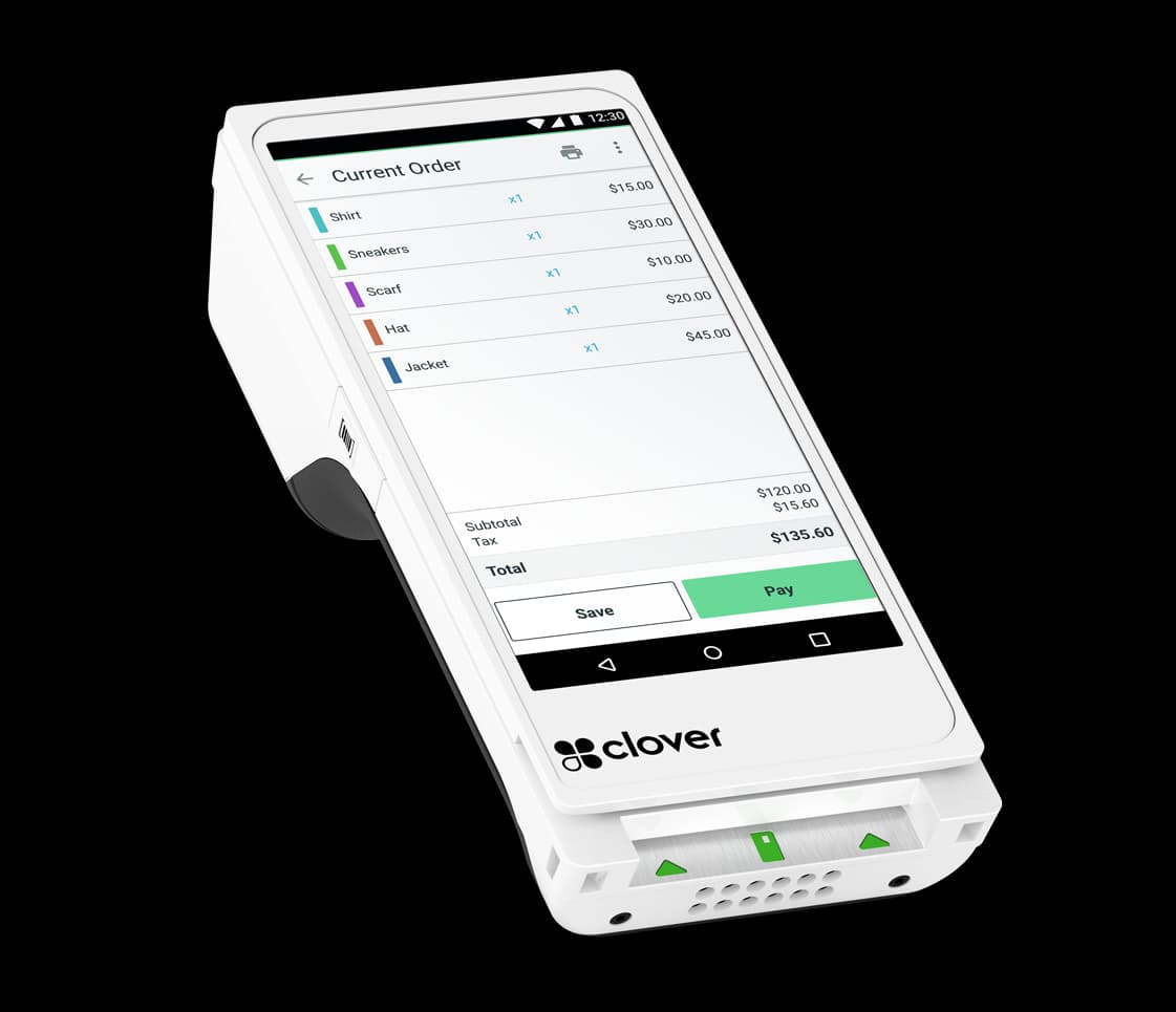 Clover Flex handheld showing Current Order with line items, subtotal, tax, total, Save and Pay buttons