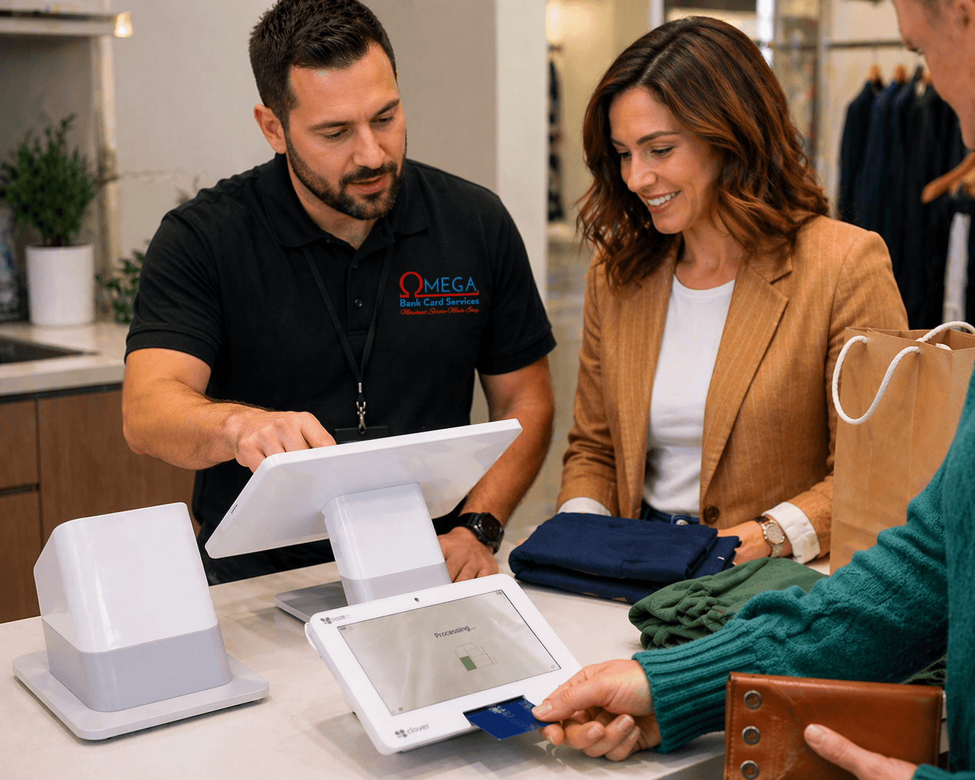 Omega agent in Omega Bank Card Services apparel assisting a customer at retail checkout with Clover POS; card processing on the customer-facing terminal