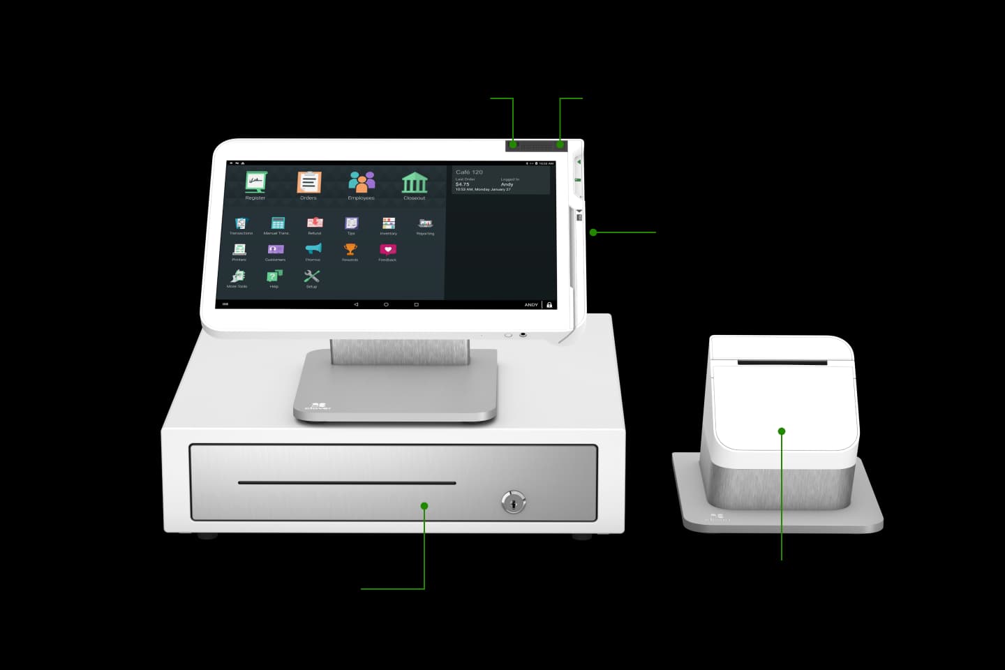 Labeled diagram of Clover Station Solo: 14-inch main touchscreen, stand, included cash drawer, receipt printer, and connectivity callouts