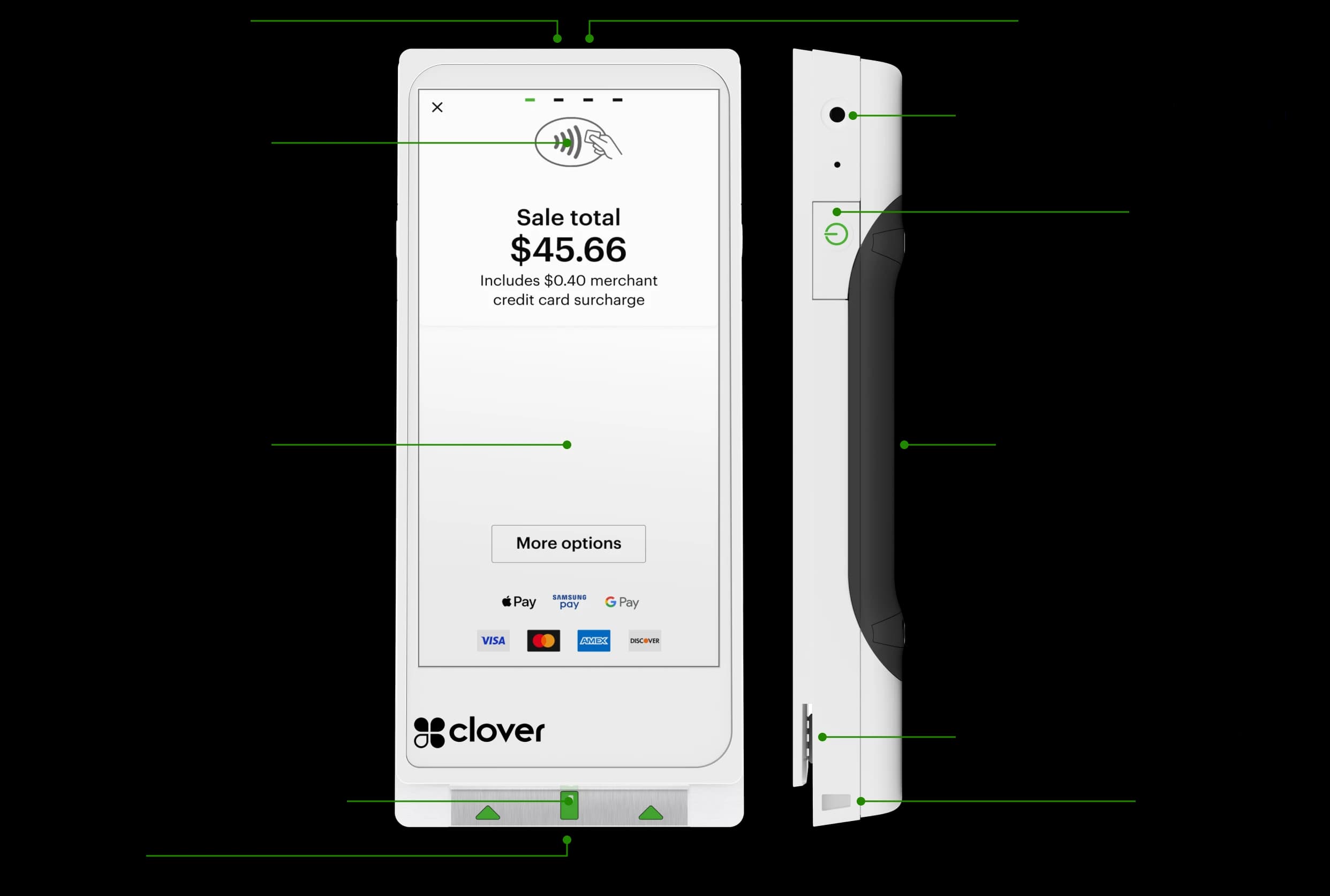 Labeled image of Clover Flex Pocket handheld terminal for mobile card-present checkout
